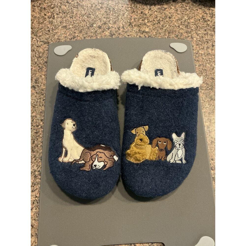 Lands End Slippers/Clogs Blue Felt w/‎ 5 Good Dogs, Size 7B